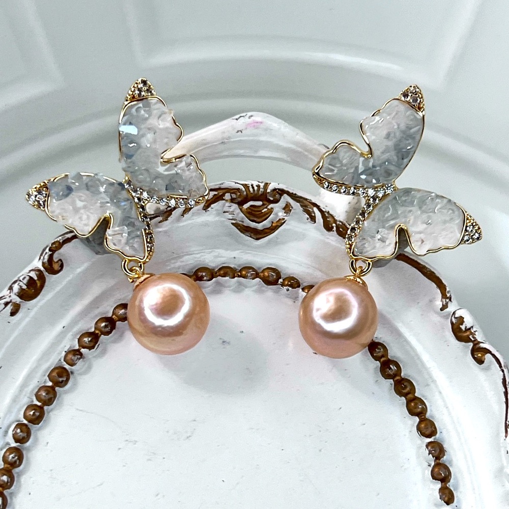 Handmade Freshwater Edison Peachy Pink Pearl Butterfly 🦋 Earrings S925 SS Posts